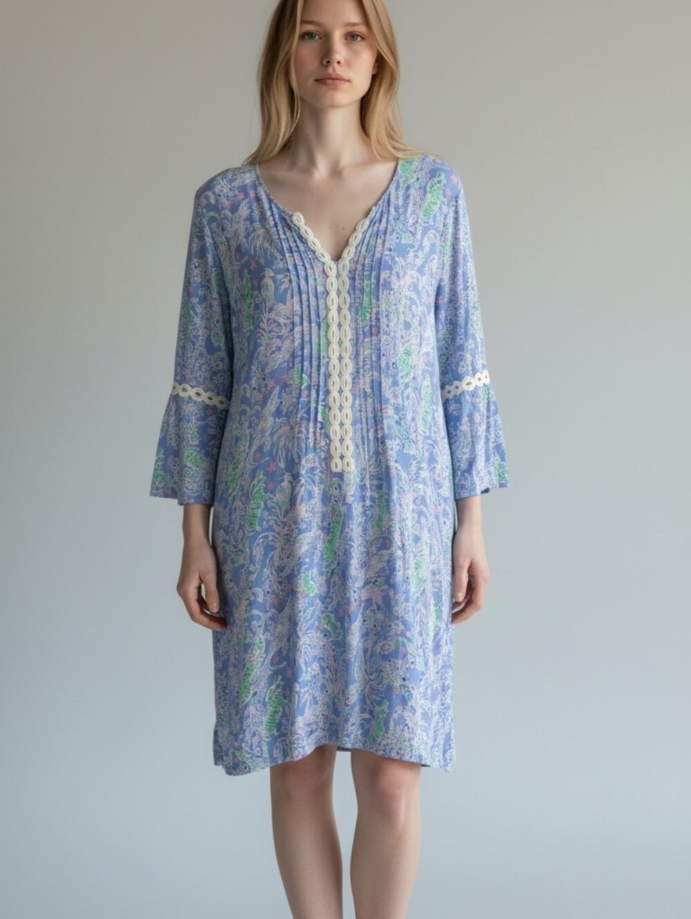 Paisley V-Neck Light Blue Dressr with Lace Trim